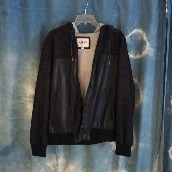 guess men's leather jacket with hood